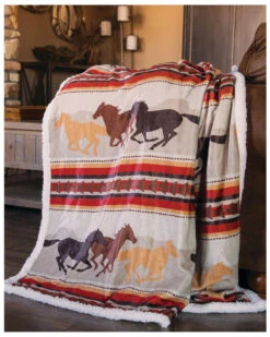 Carstens Home Wrangler Running Horse Country Sherpa Fleece Throw Blanket